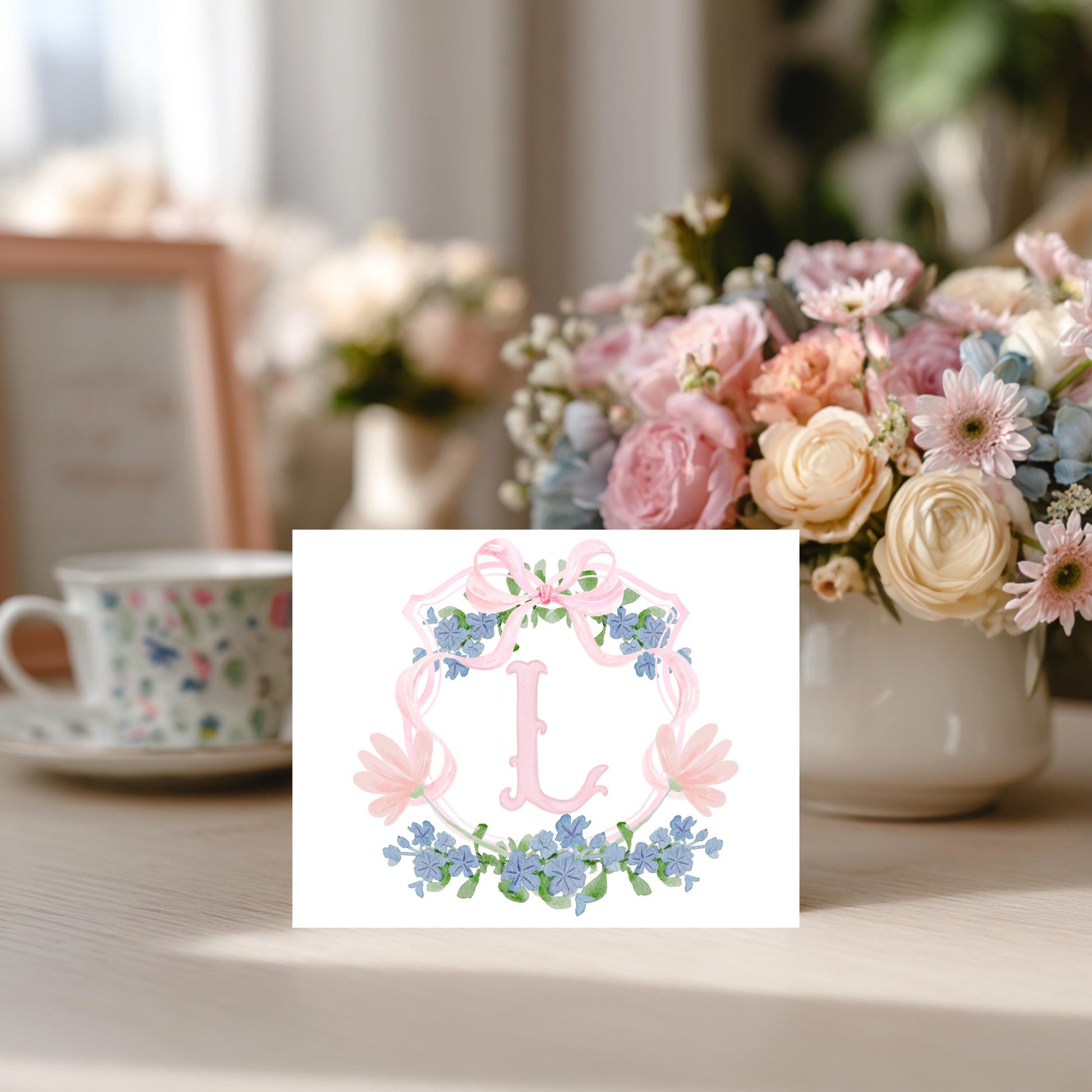Botanical Monogram Notecard Set Personalized Initial Thank You Card Floral Wreath Design Premium Linen Stationery Watercolor Blooms Bridal Shower Gift Hostess Appreciation Feminine Elegant Correspondence Custom Letter Sage Green Matching