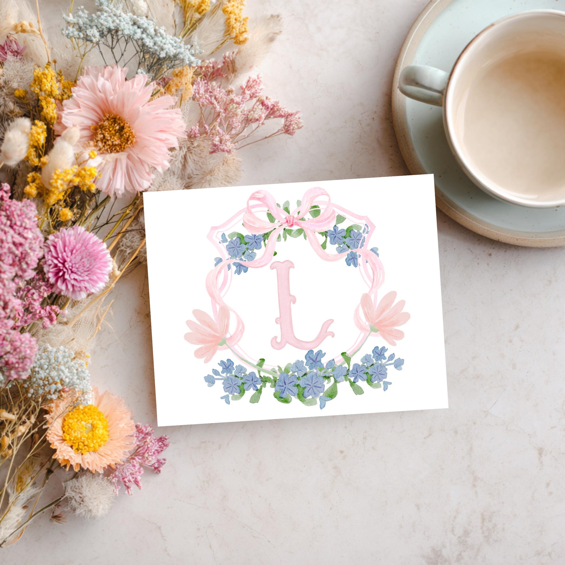 Custom Initial Monogram Card Personalized Notecard Set Botanical Floral Wreath Design Watercolor Blooms Premium Linen Stationery Baby Announcement Thank You Notes Feminine Elegant Correspondence Matching Envelopes Included Sage Green