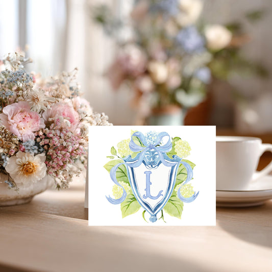Personalized Thank You Cards Custom Monogram Initial Letter Stationery Set Premium Linen Cardstock Notecards Floral Wreath Design Hydrangea Flowers Blue Ribbon Bow Perfect Wedding Shower Bridal Party Baby Announcement Correspondence