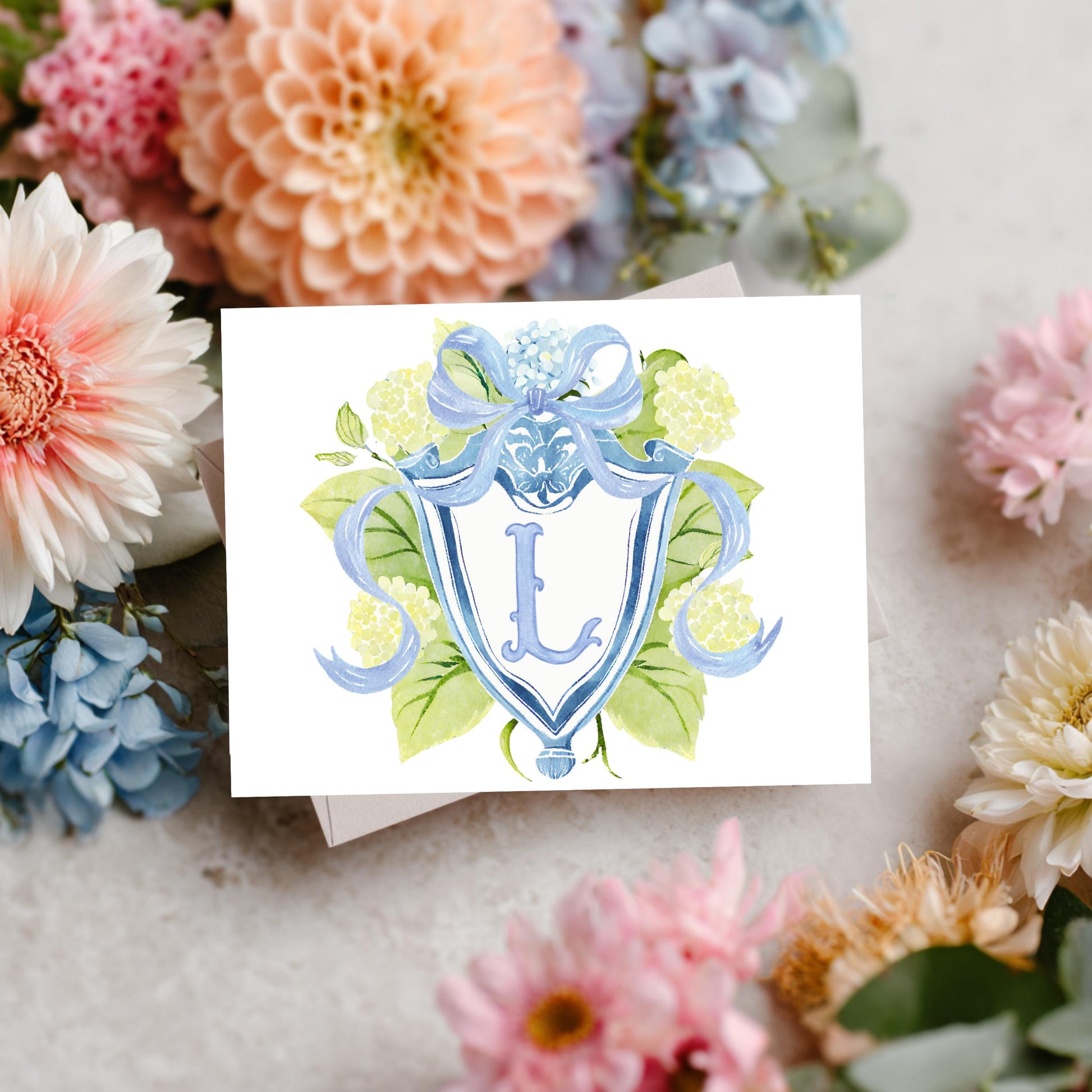 Botanical Floral Cards Personalized Monogram Stationery Custom Initial Thank You Notes Premium Linen Cardstock Set Hydrangea Wreath Design Blue Ribbon Bow Perfect Wedding Correspondence Bridal Shower Baby Announcement Hostess Gifts Matching