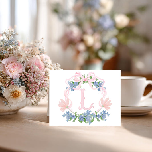 Personalized Monogram Thank You Card Custom Initial Notecard Set Floral Wreath Design Botanical Watercolor Blooms Premium Linen Cardstock Wedding Shower Stationery Bridal Party Gift Matching Envelopes Included Feminine Elegant