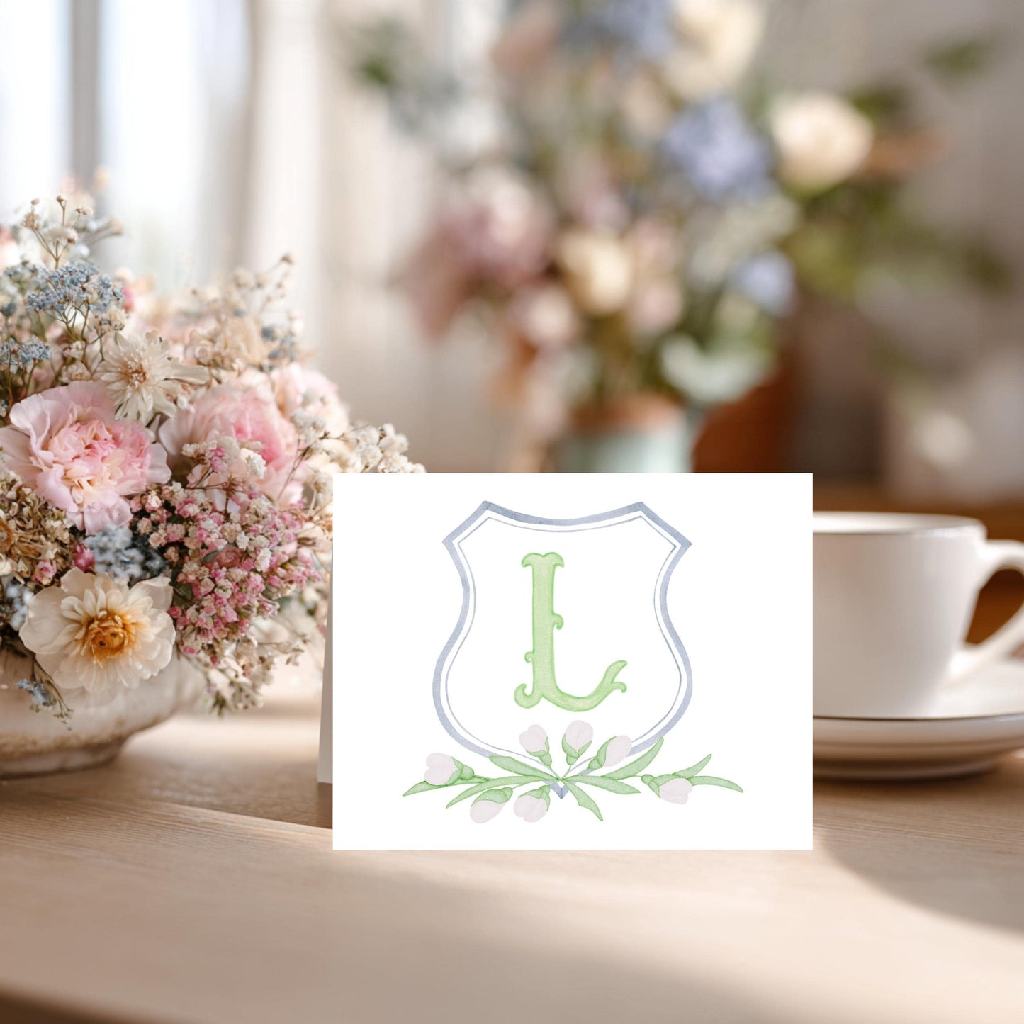 Personalized Thank You Card Custom Monogram Initial Floral Wreath Design Premium Linen Cardstock Folded Notecard Set Matching Envelopes Included Perfect Wedding Bridal Shower Stationery Elegant Feminine Botanical Watercolor Greenery Pattern