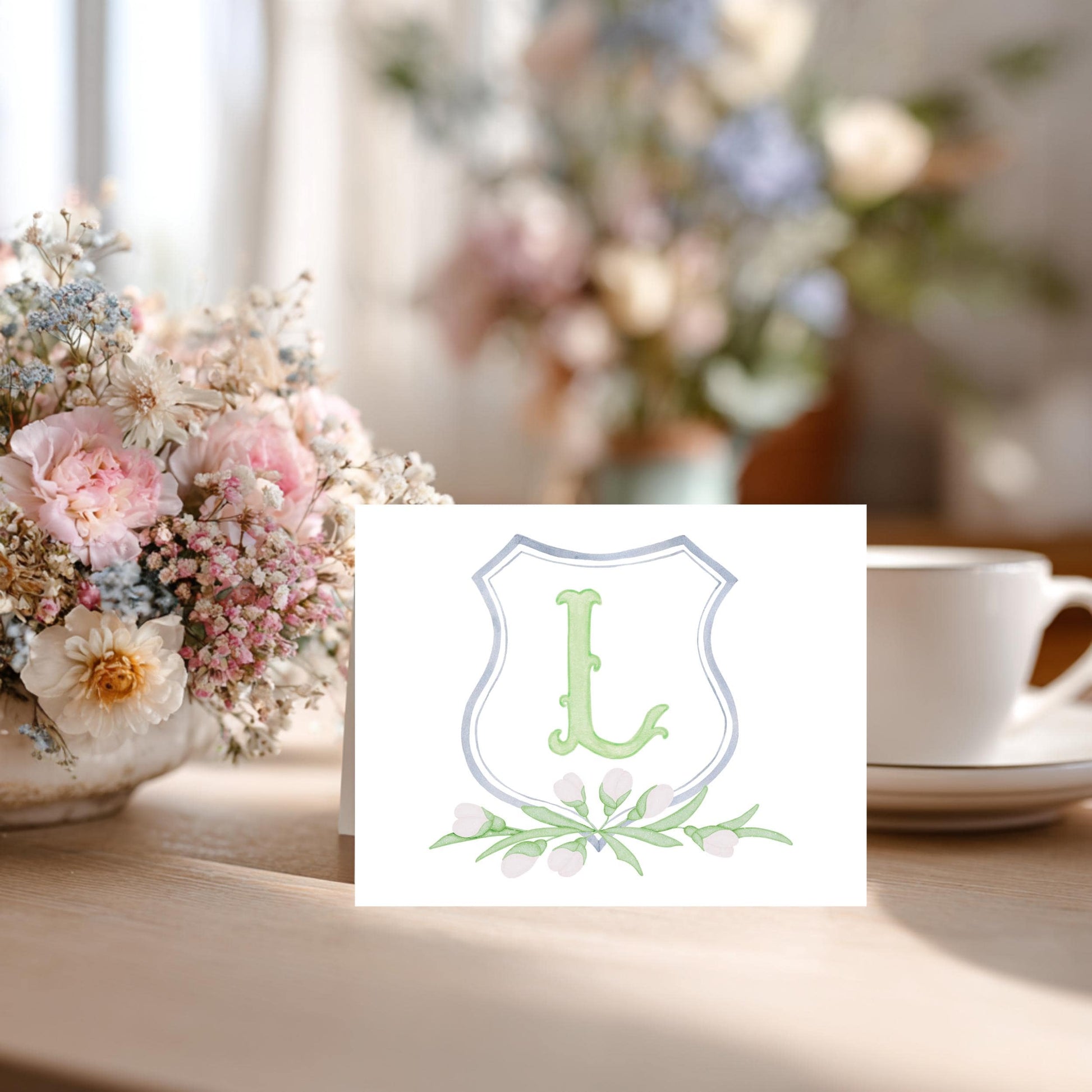Personalized Thank You Card Custom Monogram Initial Floral Wreath Design Premium Linen Cardstock Folded Notecard Set Matching Envelopes Included Perfect Wedding Bridal Shower Stationery Elegant Feminine Botanical Watercolor Greenery Pattern
