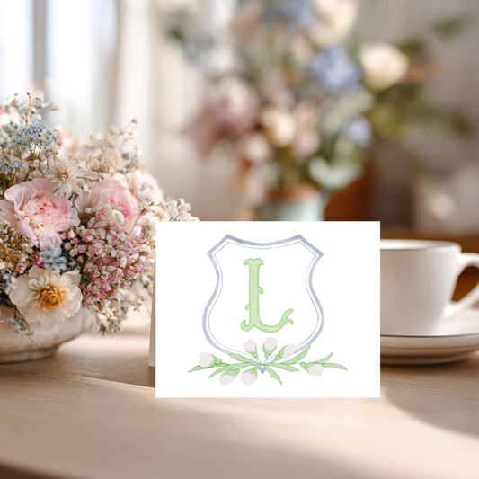 Personalized Thank You Card Custom Monogram Initial Floral Wreath Design Premium Linen Cardstock Folded Notecard Set Matching Envelopes Included Perfect Wedding Bridal Shower Stationery Elegant Feminine Botanical Watercolor Greenery Pattern