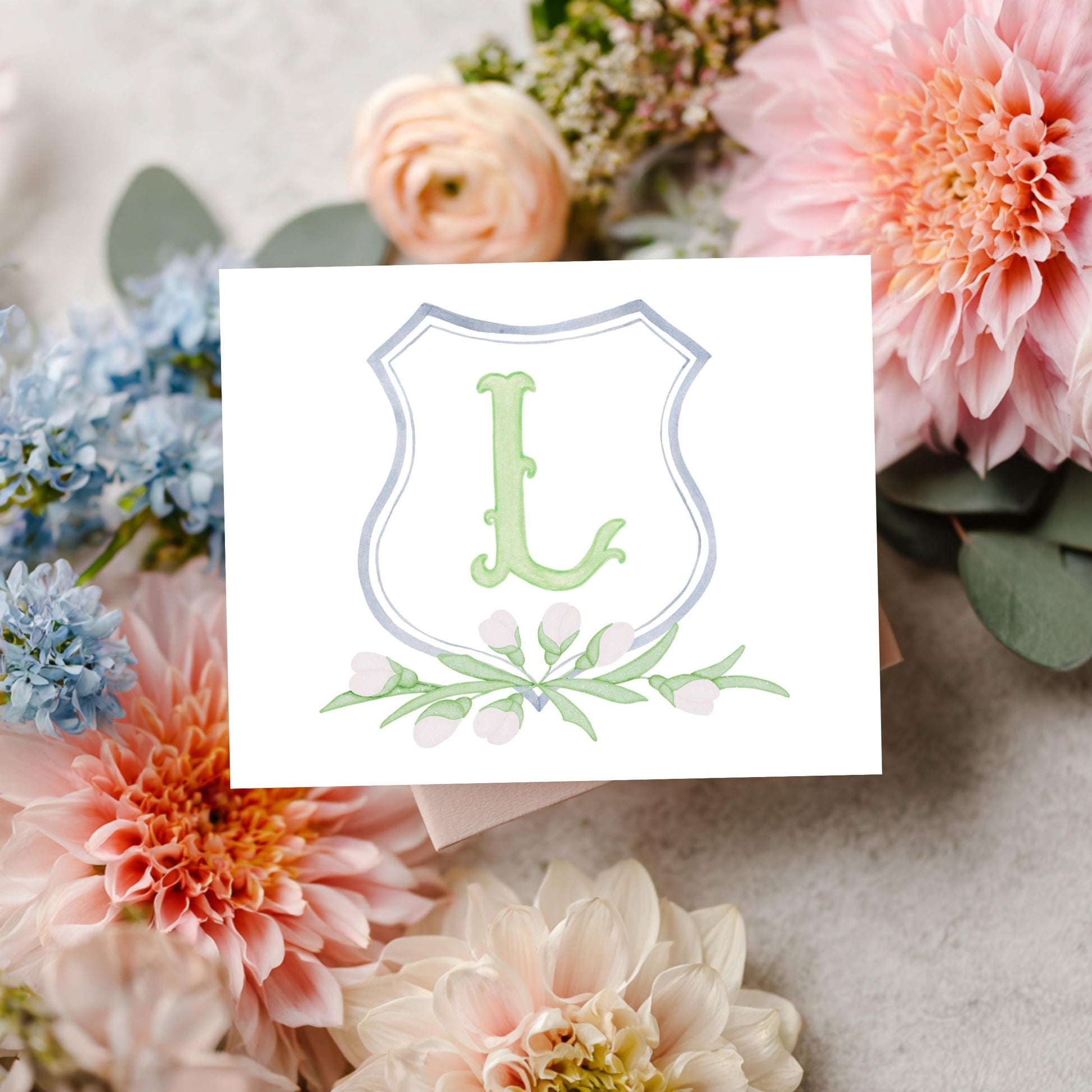 Feminine Botanical Stationery Personalized Initial Thank You Cards Custom Monogram Floral Wreath Design Premium Linen Cardstock Notecard Collection Matching Envelopes Included Elegant Watercolor Greenery Pattern Perfect Wedding
