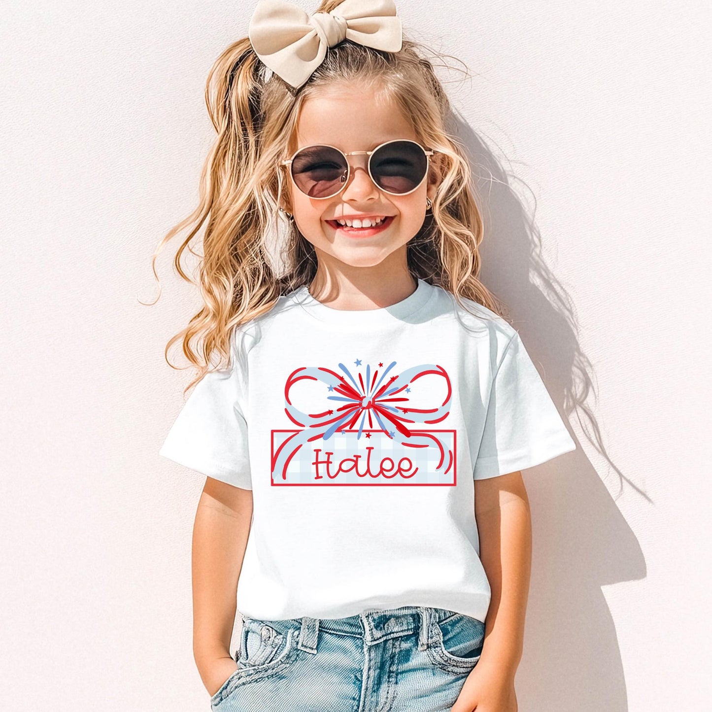 Personalized Fourth July Youth Shirt Custom Name Kids Firework Design Independence Day Children Clothing Red Blue Patriotic Graphics Stars Bow Frame Perfect Holiday Gift Summer Celebration Parade Outfit Family Matching Photos Soft Comfort