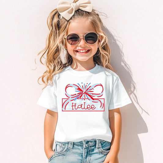Personalized Fourth July Youth Shirt Custom Name Kids Firework Design Independence Day Children Clothing Red Blue Patriotic Graphics Stars Bow Frame Perfect Holiday Gift Summer Celebration Parade Outfit Family Matching Photos Soft Comfort