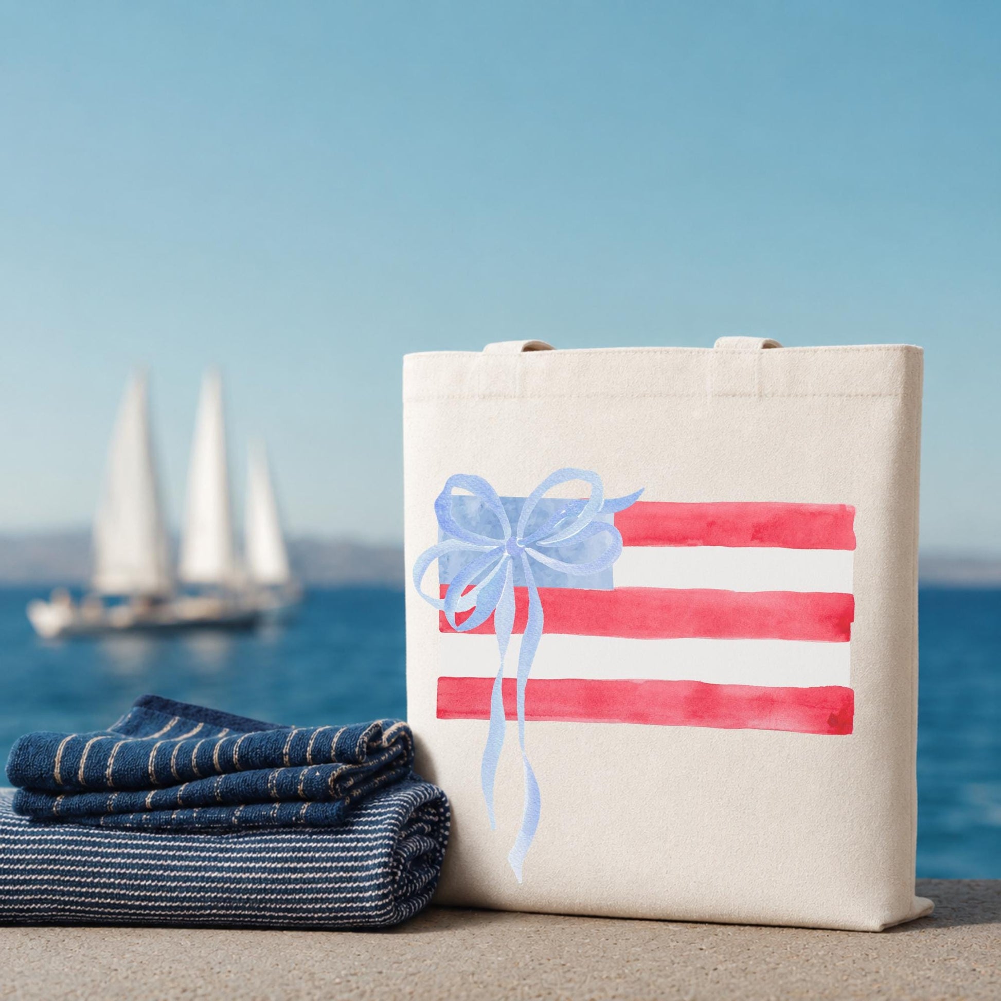 Fourth Of July Tote Bag Patriotic Canvas Shopping Carrier Watercolor Gift Box Design American Flag Pattern Red White Blue Stripes Cotton Fabric Reusable Grocery Bag Market Shopping Beach Trips Independence Day Celebrations Everyday Carry