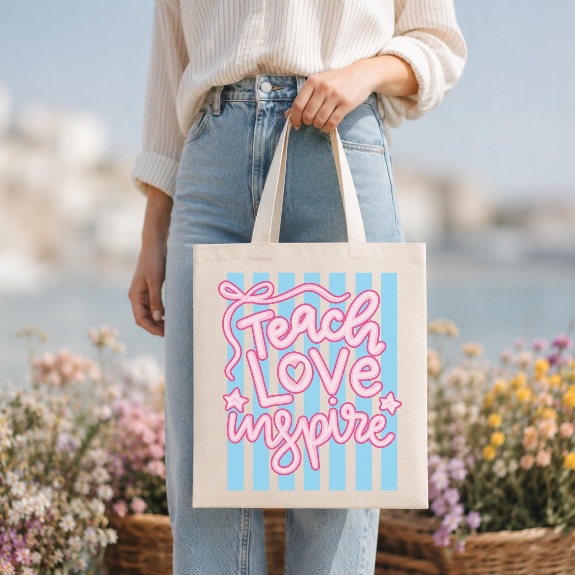 Teacher Appreciation Gift Bag Cotton Canvas Tote Teach Love Inspire Pink Lettering Striped Background Design Natural Fabric Shoulder Carrier Classroom Supply Book Bag Educator Present School Gift Eco Friendly Reusable Shopping Tote