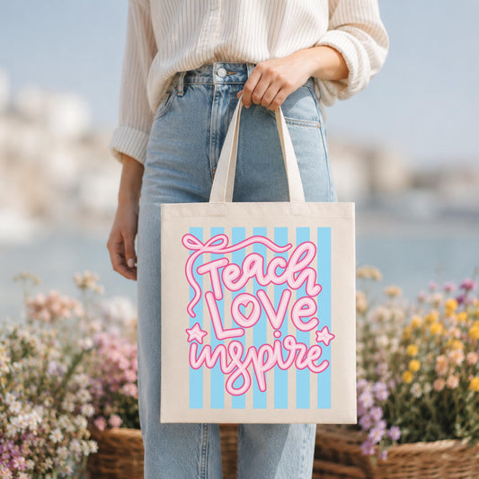 Teacher Appreciation Gift Bag Cotton Canvas Tote Teach Love Inspire Pink Lettering Striped Background Design Natural Fabric Shoulder Carrier Classroom Supply Book Bag Educator Present School Gift Eco Friendly Reusable Shopping Tote