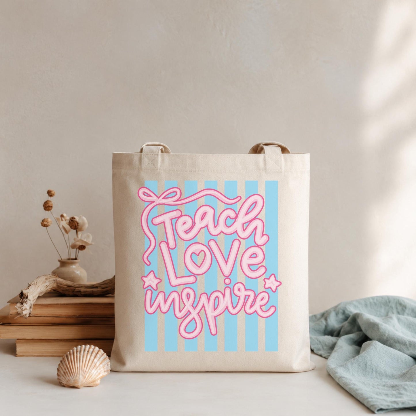 Cotton Canvas Teacher Tote Bag Appreciation Gift Teach Love Inspire Design Pink Bubble Lettering Blue White Striped Background Natural Fabric Shoulder Bag Classroom Supply Carrier Book Bag Educator Present School Teacher Gift Eco Friendly