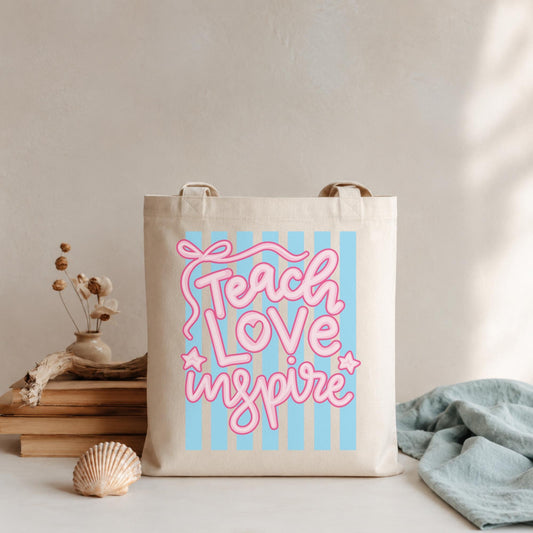 Cotton Canvas Teacher Tote Bag Appreciation Gift Teach Love Inspire Design Pink Bubble Lettering Blue White Striped Background Natural Fabric Shoulder Bag Classroom Supply Carrier Book Bag Educator Present School Teacher Gift Eco Friendly