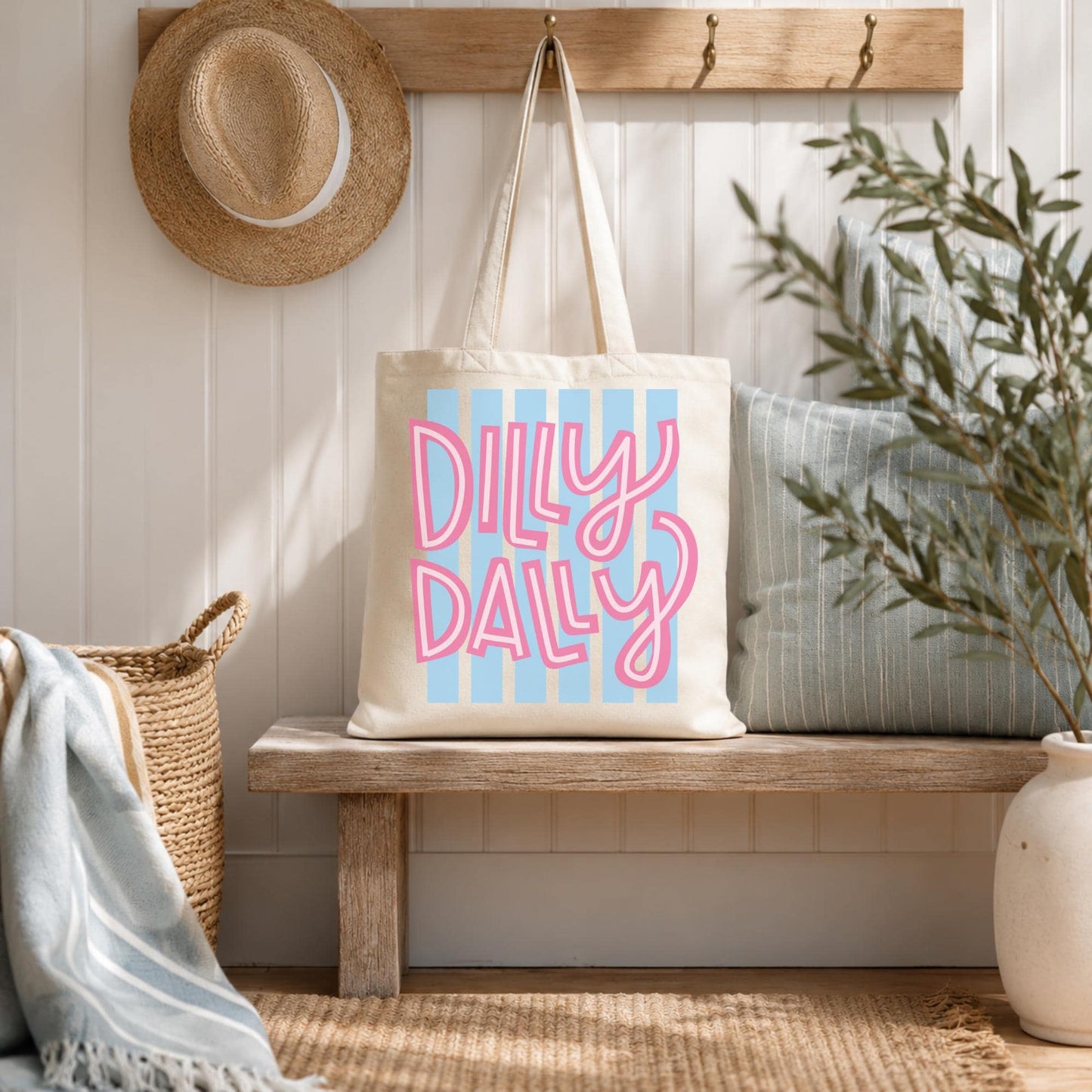 Reusable Canvas Tote Grocery Shopping Bag Striped Cotton Natural Fabric Sturdy Handles Blue White Stripes Pink Text Retro Beach Market Everyday Carry Sustainable Eco Friendly Spacious Durable Construction Casual Preppy Aesthetic