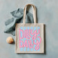 Eco Friendly Canvas Tote Sustainable Cotton Natural Fabric Striped Design Reusable Shopping Bag Sturdy Handles Blue White Stripes Pink Text Grocery Market Beach Everyday Carry Retro Aesthetic Casual Preppy Look Reinforced Construction