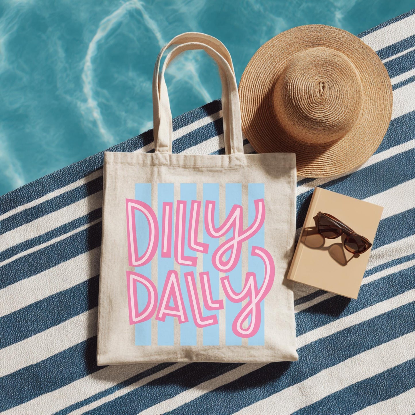 Cotton Canvas Shopping Bag Striped Blue White Pattern Pink Bubble Text Reusable Tote Sturdy Shoulder Handles Beach Vacation Grocery Market Trips Retro Preppy Casual Everyday Essential Eco Friendly Sustainable Natural Fabric Reinforced