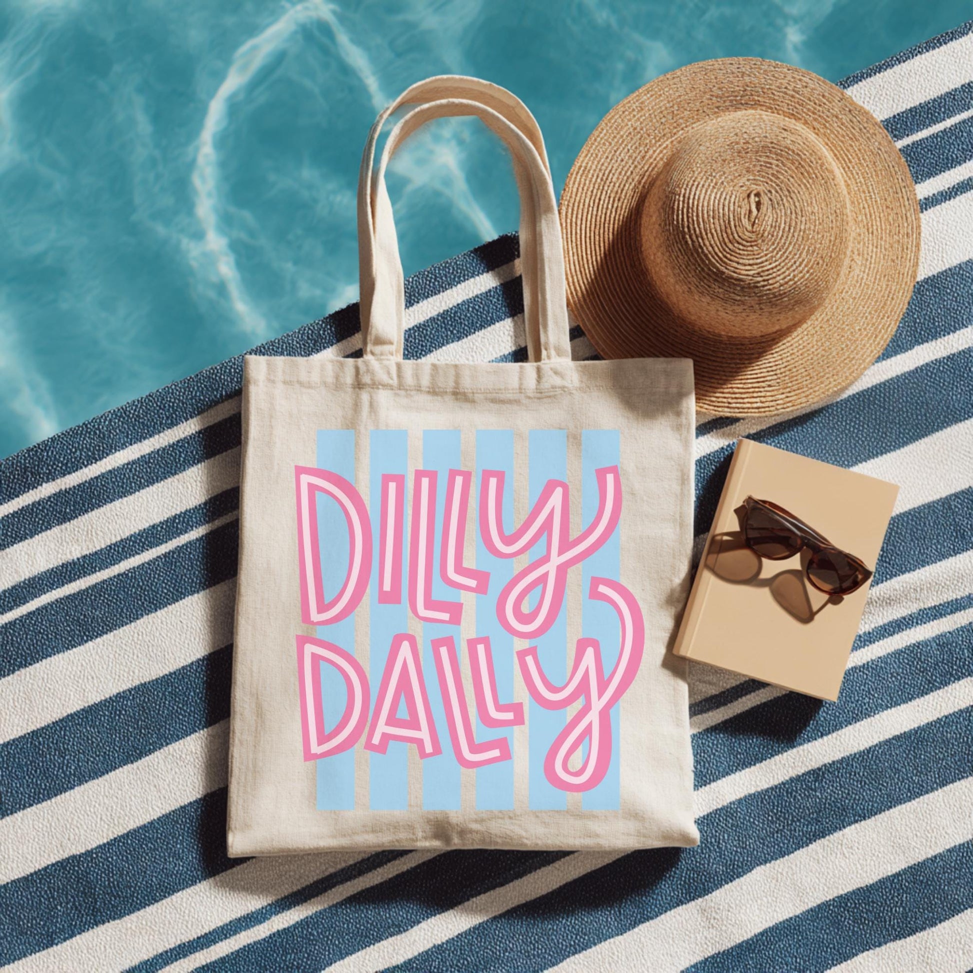 Cotton Canvas Shopping Bag Striped Blue White Pattern Pink Bubble Text Reusable Tote Sturdy Shoulder Handles Beach Vacation Grocery Market Trips Retro Preppy Casual Everyday Essential Eco Friendly Sustainable Natural Fabric Reinforced