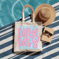 Cotton Canvas Shopping Bag Striped Blue White Pattern Pink Bubble Text Reusable Tote Sturdy Shoulder Handles Beach Vacation Grocery Market Trips Retro Preppy Casual Everyday Essential Eco Friendly Sustainable Natural Fabric Reinforced