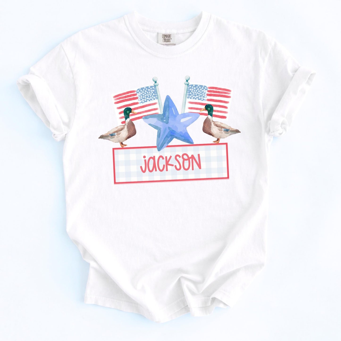 Patriotic Kids Clothing Custom Name Youth Tee American Flag Shirt Boys Girls Fourth July Outfit Watercolor Duck Design Red White Blue Pattern Independence Day Celebration Wear Soft Cotton Fabric Breathable Summer Shirt Fireworks Party
