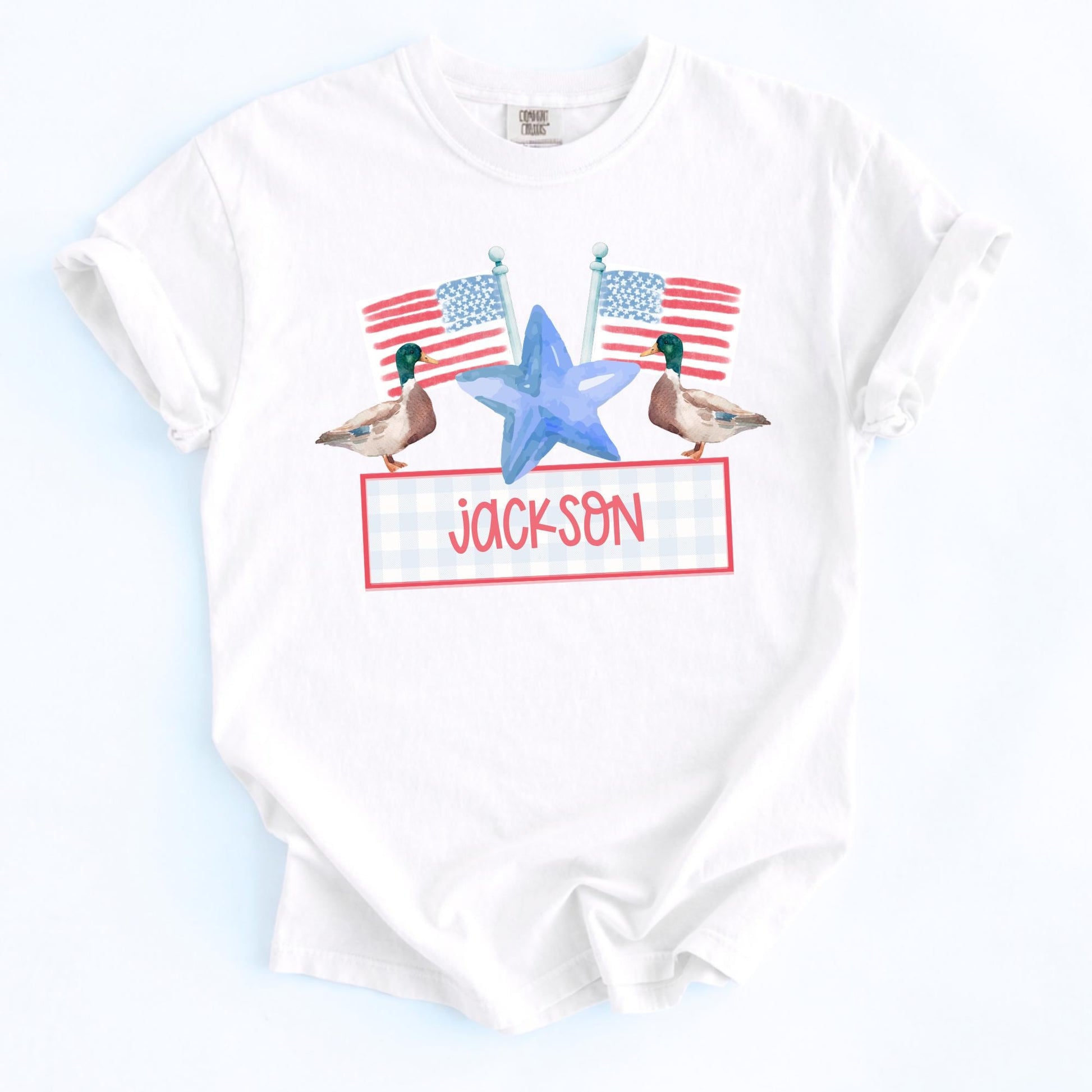 Patriotic Kids Clothing Custom Name Youth Tee American Flag Shirt Boys Girls Fourth July Outfit Watercolor Duck Design Red White Blue Pattern Independence Day Celebration Wear Soft Cotton Fabric Breathable Summer Shirt Fireworks Party