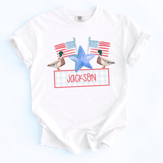 Patriotic Kids Clothing Custom Name Youth Tee American Flag Shirt Boys Girls Fourth July Outfit Watercolor Duck Design Red White Blue Pattern Independence Day Celebration Wear Soft Cotton Fabric Breathable Summer Shirt Fireworks Party