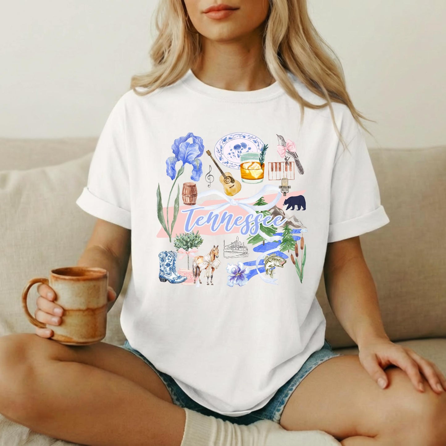 Volunteer State Shirt Women Tennessee Pride Apparel Nashville Souvenir Tee Graphic Design Featuring State Symbols Blue Iris Flowers Cowboy Boots Banjo Music City Icons Cream Cotton Blend Casual Comfort Wear Perfect Gift For Tennessee