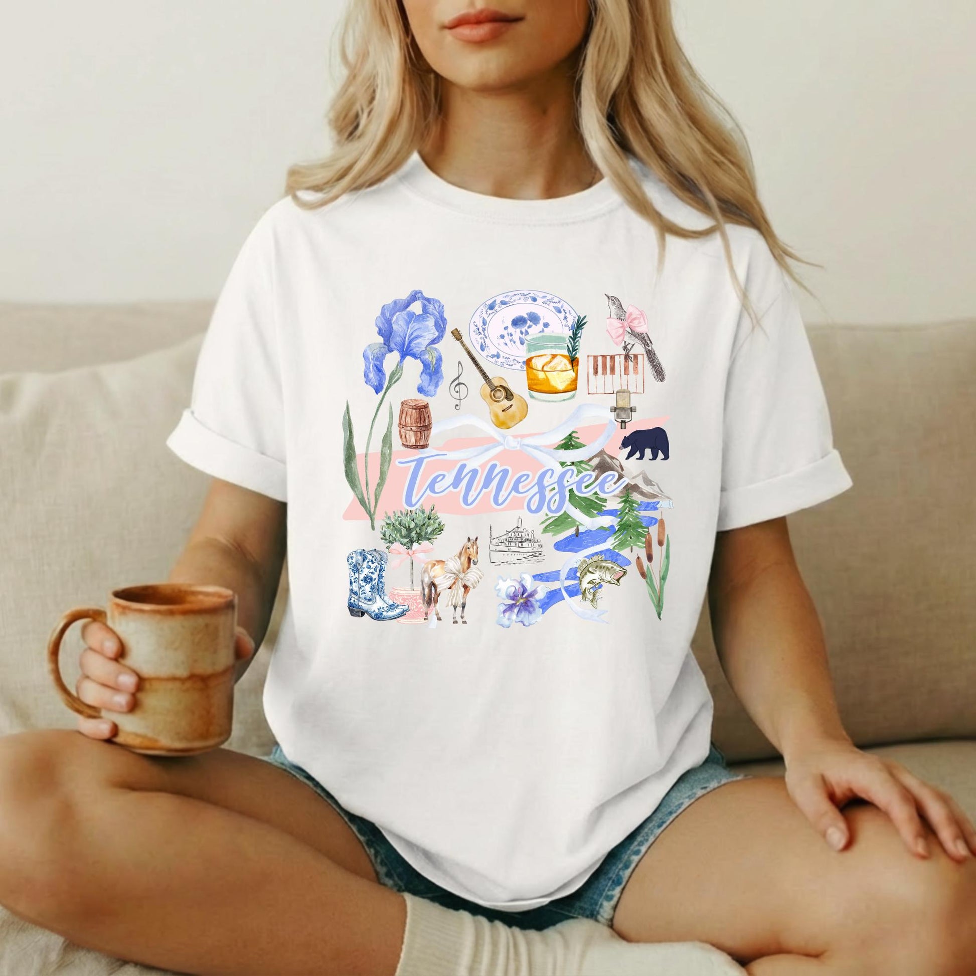Volunteer State Shirt Women Tennessee Pride Apparel Nashville Souvenir Tee Graphic Design Featuring State Symbols Blue Iris Flowers Cowboy Boots Banjo Music City Icons Cream Cotton Blend Casual Comfort Wear Perfect Gift For Tennessee