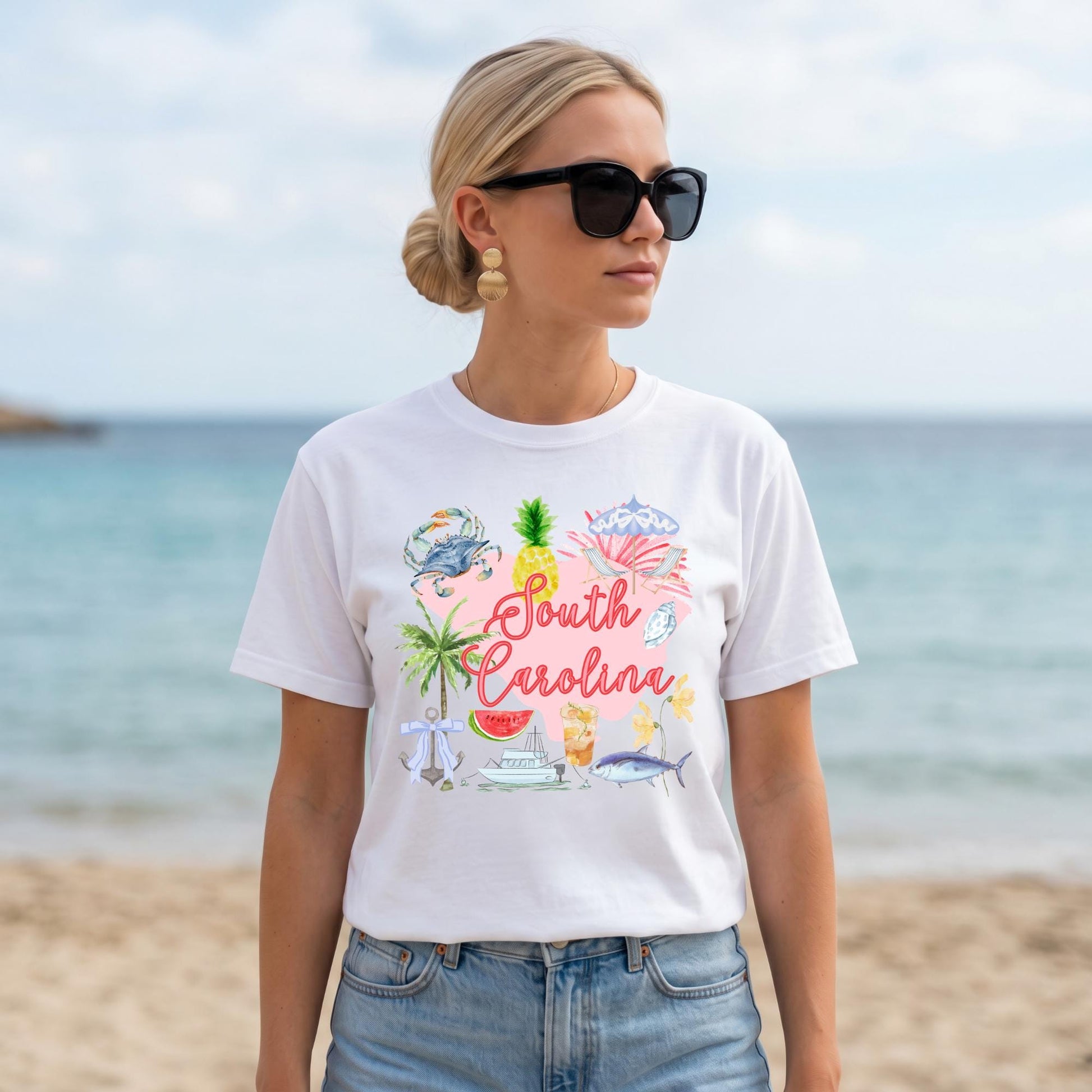Coastal Carolina Shirt Beach Lifestyle Tee South Carolina Vacation Apparel Tropical Summer Design Colorful Graphic Art Pink Script Lettering Pineapple Watermelon Palm Trees Crab Seashells Casual Travel Outfit Tourist Souvenir Gift