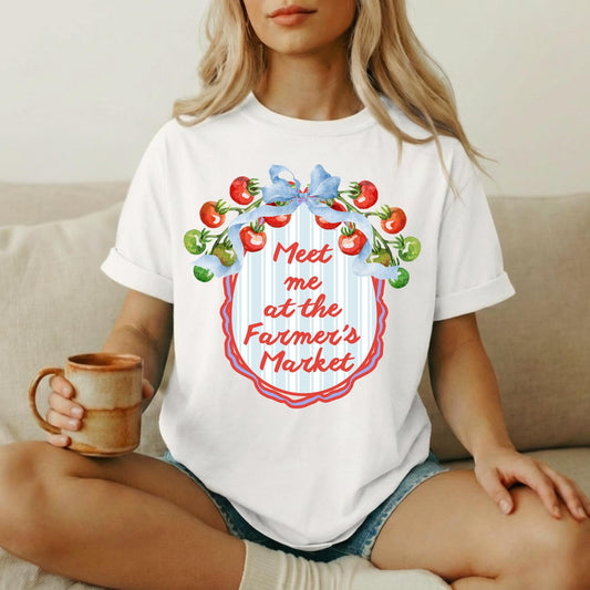 Farmers Market Shirt Watercolor Vegetable Design Perfect Gift For Gardener Garden Lover Tee Cottagecore Aesthetic Casual Wear Tomato Print Graphic Tshirt Blue Bow Accent Detail Vintage Farm Style Homestead Living Outfit Market Shopping Day