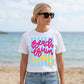 Beach Vacation Shirt Women White Graphic Tee Summer Resort Wear Pink Script Beach Bum Lettering Blue Striped Design Yellow Bow Accent Casual Outfit Tropical Travel Clothing Cruise Apparel Poolside Outfit Coastal Trip Essential Soft