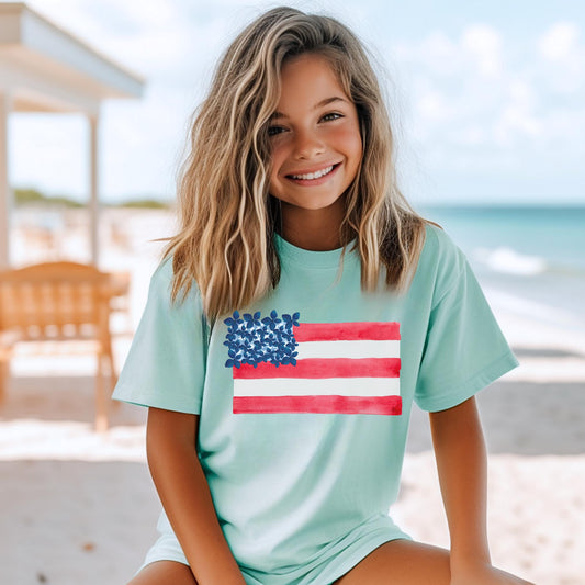 Girls Fourth July Shirt Personalized Name Floral Flag Design Mint Green Youth Tee Patriotic Kids Clothing American Flag Flowers Summer Holiday Outfit Comfort Colors Soft Cotton Custom Child Independence Day Apparel Beach Vacation Wear