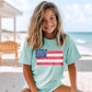 Girls Fourth July Shirt Personalized Name Floral Flag Design Mint Green Youth Tee Patriotic Kids Clothing American Flag Flowers Summer Holiday Outfit Comfort Colors Soft Cotton Custom Child Independence Day Apparel Beach Vacation Wear