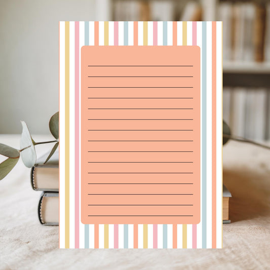 Pastel Striped Notepad Lined Writing Paper Tear Off Sheets Desk Memo Pad Cute Office Supplies Rainbow Border Design Pink Blue Yellow Orange Colors Daily Planner Pages List Making Pad Premium Quality Paper Chipboard Backing Office Desk