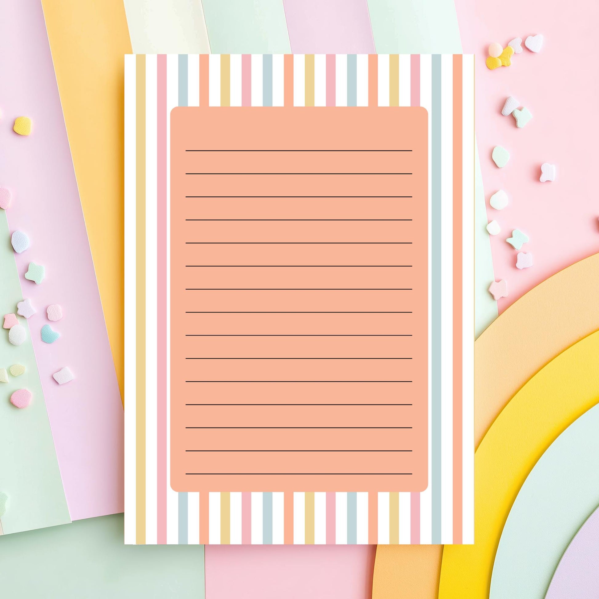 Cute Office Stationery Lined Notepad Pastel Striped Design Desk Memo Pad Tear Off Sheets Rainbow Border Pink Blue Yellow Orange Daily Planner List Making Pad Premium Writing Paper Quality Sheets Chipboard Backing Desk Organization Gift For