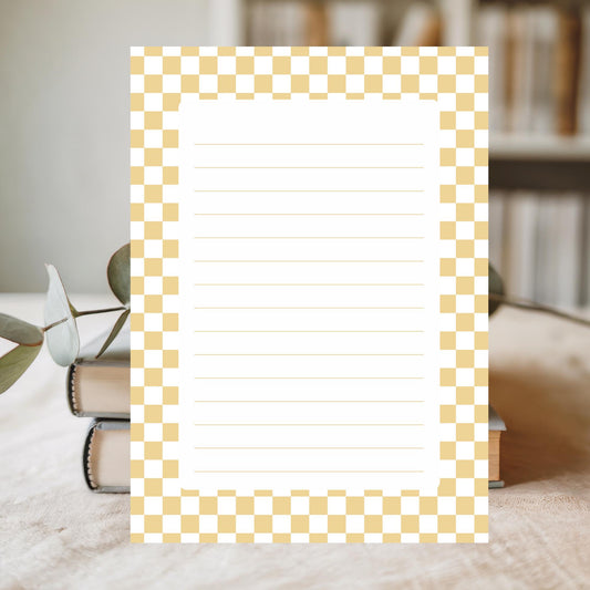 Lined Notepad Desk Organization Checkered Border Design Memo Pad Tear Off Pages Fifty Sheets Premium Quality Paper Horizontal Ruled Writing Space Perfect Work Notes Daily Task Planning Preppy Stationery Aesthetic Neutral Beige Pattern