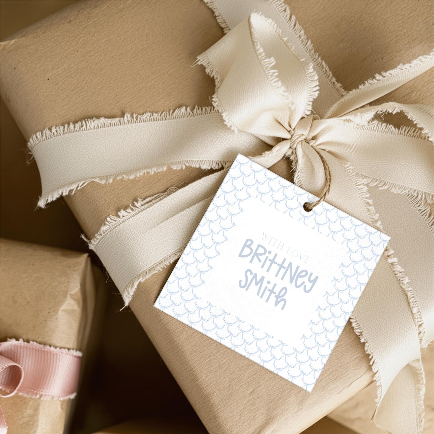 Personalized Gift Tag Custom Name Label Square Format Scalloped Border Design Light Blue Linen Paper Texture Premium Cardstock Quality Birthday Present Wrapping Accessory Baby Shower Favor Tag Wedding Celebration Package Label Bridal Party