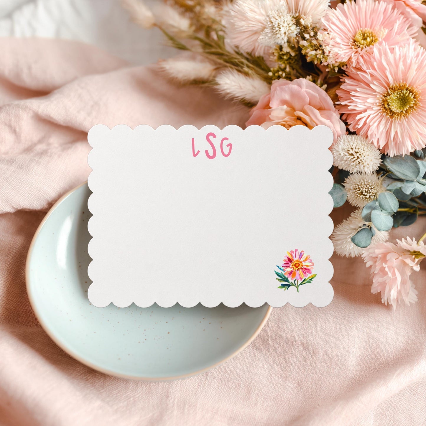 Monogram Stationery Set Custom Initial Notecards Personalized Thank You Cards Wedding Correspondence Collection Pink Watercolor Floral Design Scalloped Edge Border Premium Paper Quality Bridesmaid Gift Ideas Graduation Thank You Notes