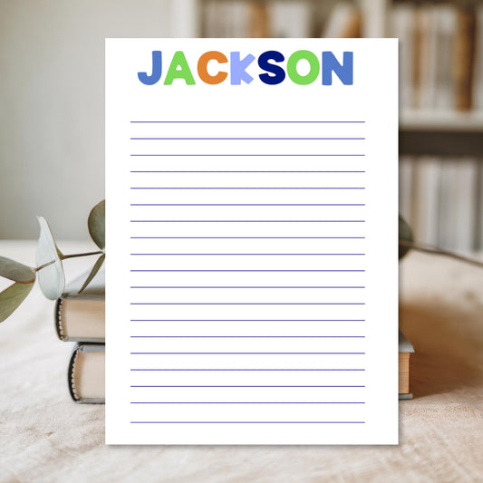 Custom Name Writing Pad School Supplies Personalized Student Notepad Kids Desk Organization Essential Colorful Letter Design Tear Away Paper Sheets Lined Writing Pages Blank Drawing Space Back To School Shopping List Teacher Gift Ideas