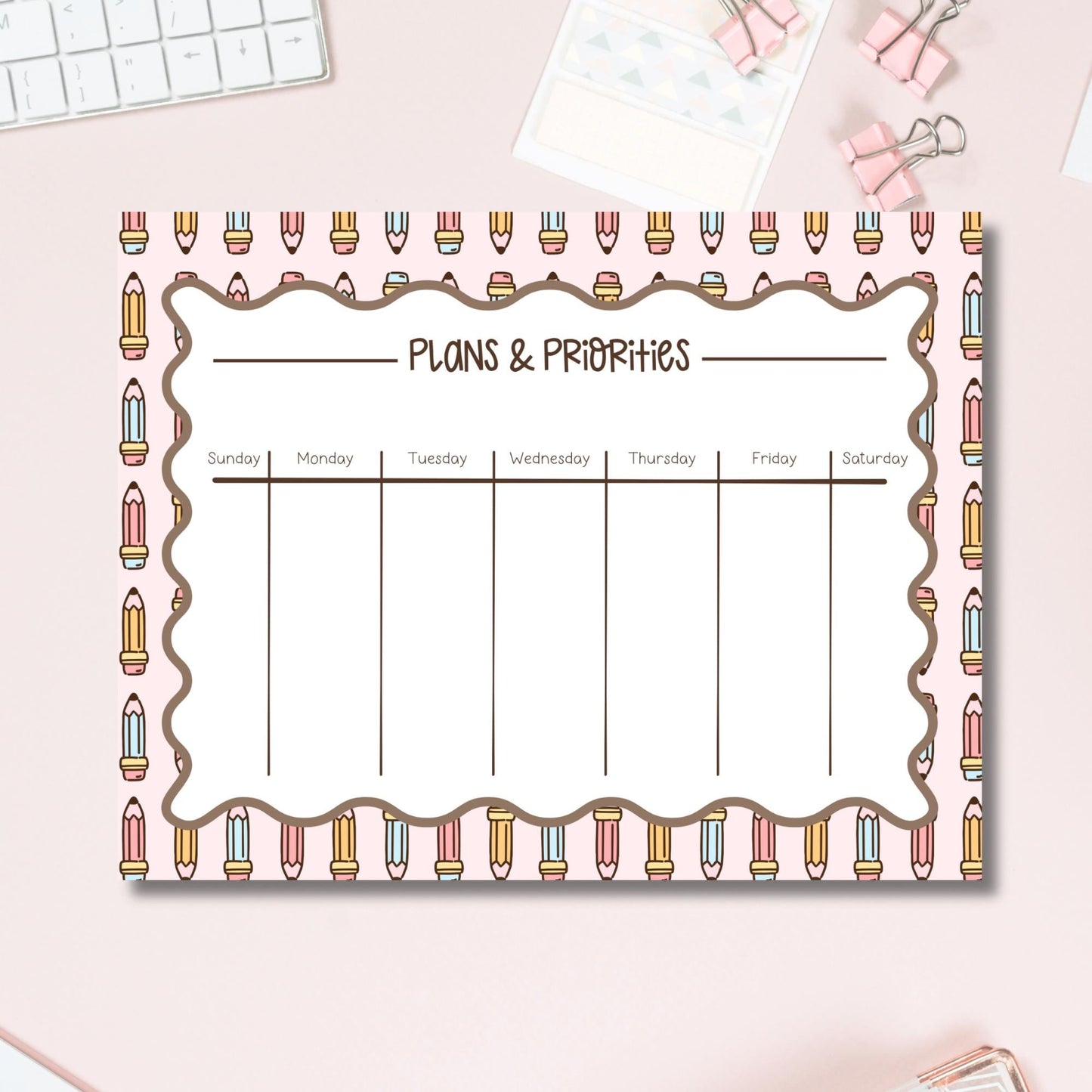 Weekly Planner Pad Teacher Gift Appreciation Present Classroom Organization Tool Pink Design Colorful Pencil Border Pattern Tear Away Sheets Lesson Planning Tracker Student Assignment Organizer Seven Day Layout Sunday Through Saturday