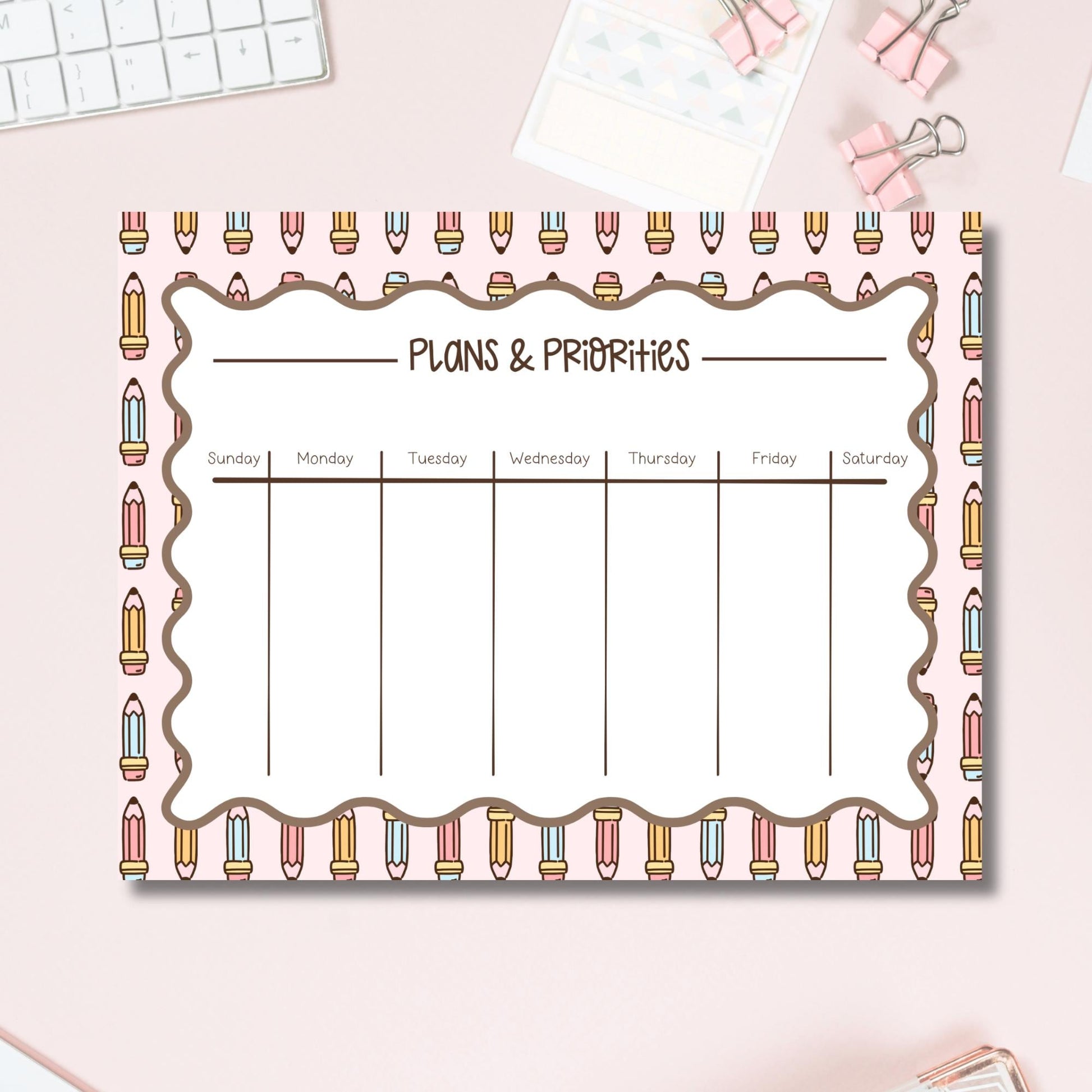 Weekly Planner Pad Teacher Gift Appreciation Present Classroom Organization Tool Pink Design Colorful Pencil Border Pattern Tear Away Sheets Lesson Planning Tracker Student Assignment Organizer Seven Day Layout Sunday Through Saturday