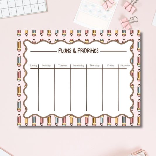 Weekly Planner Pad Teacher Gift Appreciation Present Classroom Organization Tool Pink Design Colorful Pencil Border Pattern Tear Away Sheets Lesson Planning Tracker Student Assignment Organizer Seven Day Layout Sunday Through Saturday