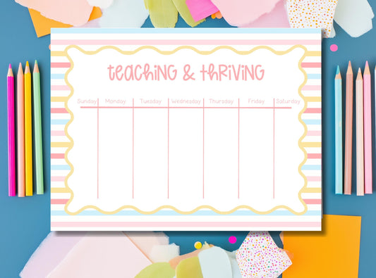 Teacher Planner Weekly Schedule Notepad Tearaway Desk Organizer Lesson Planning Essential Classroom Planning Station Supplies Premium Paper Quality Sunday Through Saturday Layout Pastel Striped Border Scalloped Frame Design Perfect