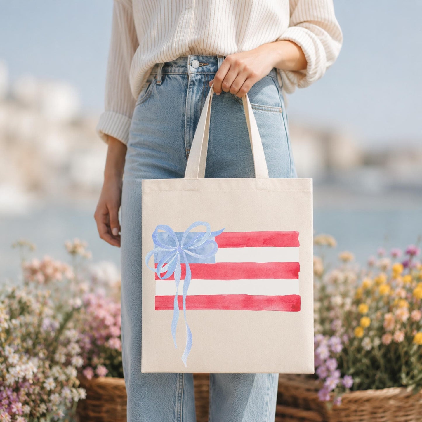 Patriotic Tote Bag Canvas Reusable Shopping Carrier American Flag Watercolor Design Red White Blue Stripes Gift Box Pattern Perfect For Grocery Shopping Market Trips Beach Outings Fourth Of July Independence Day Celebrations Everyday Carry