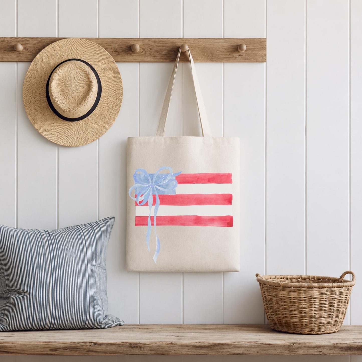 Canvas Tote Bag Reusable Shopping Carrier Patriotic American Flag Design Watercolor Gift Box Pattern Red White Stripes Blue Bow Cotton Fabric Construction Shoulder Length Handles Perfect For Grocery Market Beach Trips Fourth Of July