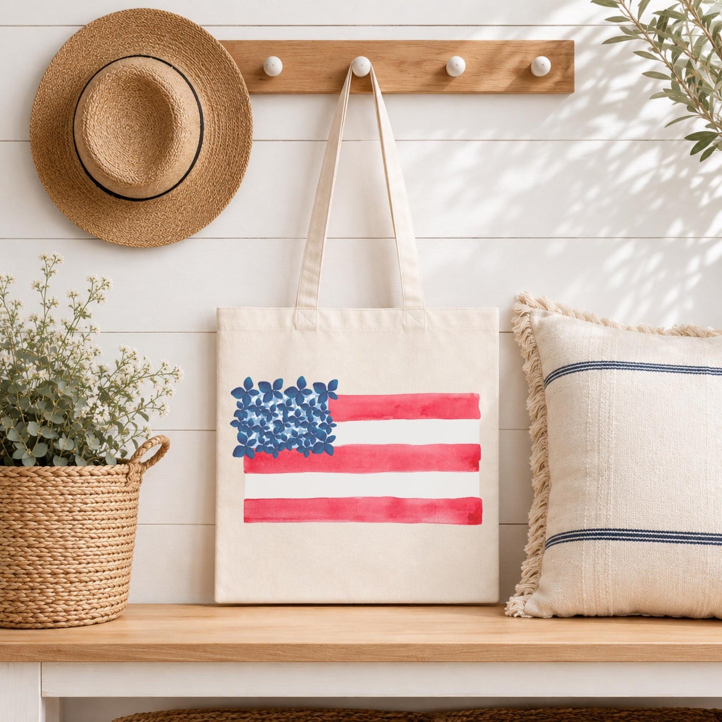 American Flag Tote Bag Patriotic Canvas Reusable Shopping Carrier Perfect Memorial Day Gift Veteran Appreciation Present USA Pride Watercolor Design Red White Blue Stars Stripes Pattern Durable Cotton Canvas Material Eco Friendly