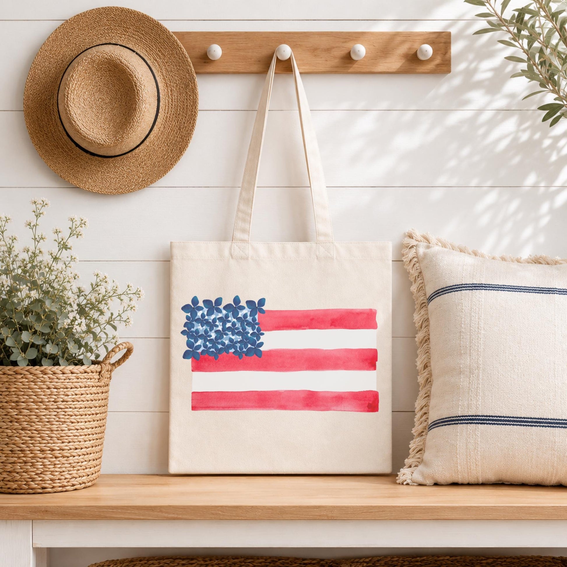 American Flag Tote Bag Patriotic Canvas Reusable Shopping Carrier Perfect Memorial Day Gift Veteran Appreciation Present USA Pride Watercolor Design Red White Blue Stars Stripes Pattern Durable Cotton Canvas Material Eco Friendly
