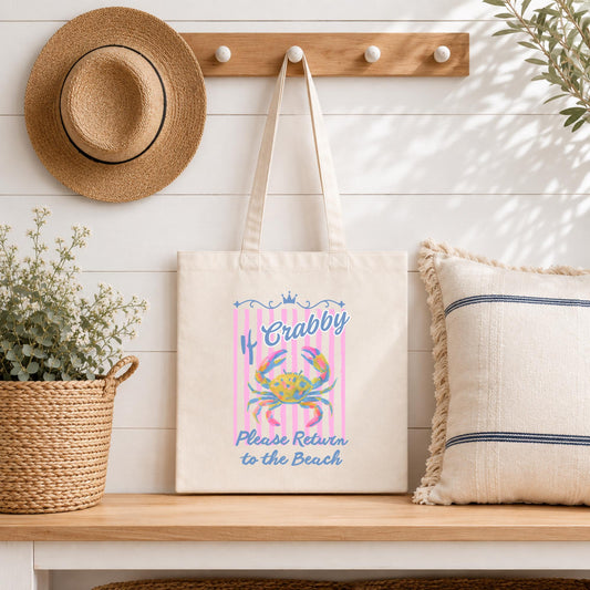 Canvas Beach Bag Crab Design Tote Reusable Carry All Summer Vacation Bag Cotton Material Construction Coastal Ocean Theme Artwork Nautical Gift Idea Beach Day Essentials Grocery Shopping Carrier Eco Friendly Tote Everyday Use Bag Whimsical