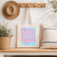 Teach Love Inspire Tote Bag Cotton Canvas Teacher Appreciation Gift Pink Bubble Lettering Blue White Striped Design Natural Fabric Shoulder Bag Classroom Supply Carrier Educator Book Bag School Teacher Present Eco Friendly Reusable Canvas