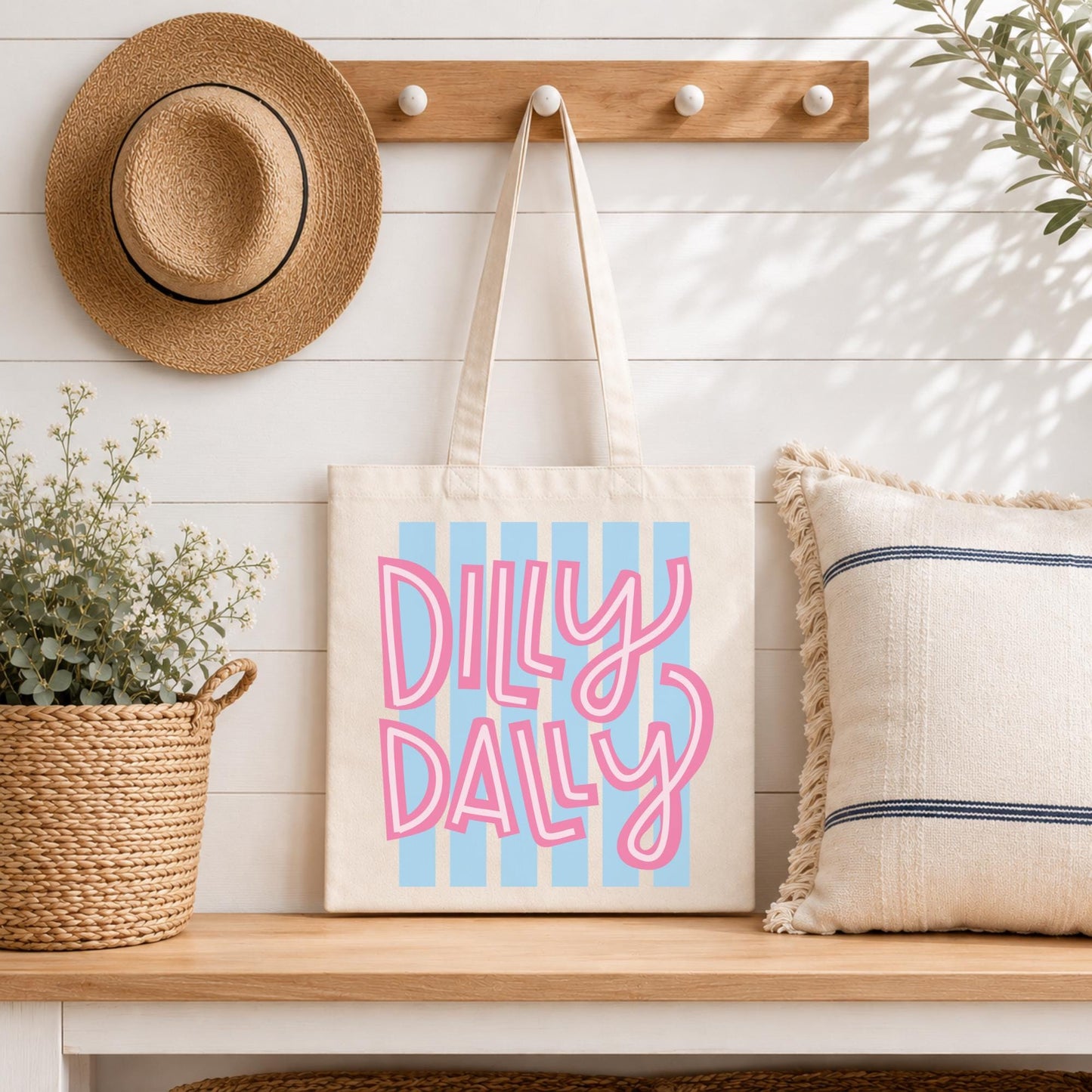 Striped Canvas Beach Bag Cotton Natural Fabric Shoulder Handles Reinforced Blue White Pattern Pink Bubble Letters Vacation Coastal Trips Shopping Errands Retro Preppy Casual Everyday Tote Reusable Eco Friendly Sustainable Choice Spacious