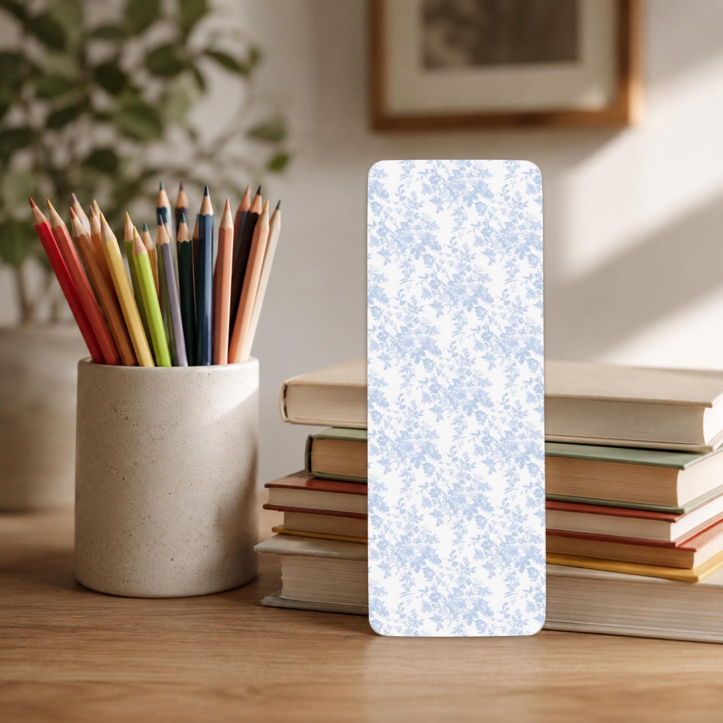 Blue Floral Bookmark Laminated Page Marker Toile Pattern Design Vintage Aesthetic Reading Gift Book Lover Present Literary Enthusiast Essential Teacher Appreciation Gift Premium Quality Paper Rounded Corners Durable Finish Daily Reading