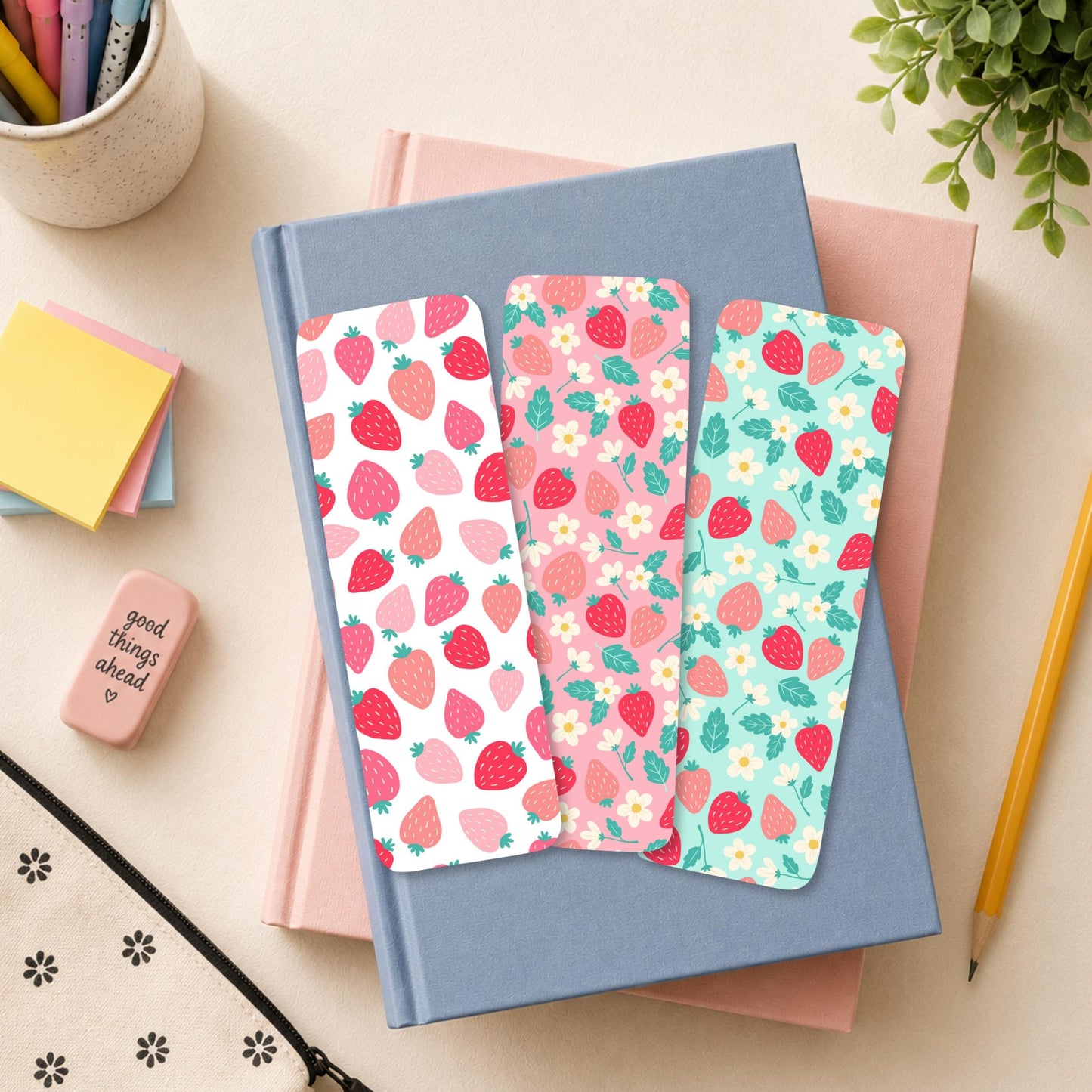 Strawberry Bookmark Set Three Pack Laminated Reading Gift Teacher Appreciation Present Cute Book Lover Supplies Student Classroom Reward Pink Floral Fruit Pattern Page Marker Collection Durable Construction Rounded Corners Journal Accessory